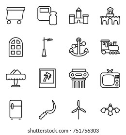 thin line icon set : delivery, scales weight, castle, fort, arch window, outdoor light, anchor, train, restaurant, photo, antique column, tv, fridge, sickle, windmill, hard reach place cleaning