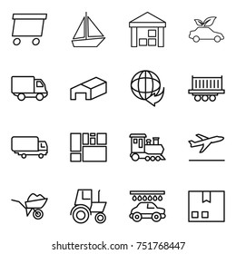thin line icon set : delivery, boat, warehouse, eco car, truck shipping, consolidated cargo, train, departure, wheelbarrow, tractor, wash, package