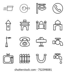 thin line icon set : delivery, cell corection, shop signboard, phone, tower, arch, minaret, outdoor light, restaurant, water tap, tv, fence, horseshoe