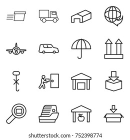 thin line icon set : delivery, truck, warehouse, plane, car shipping, dry cargo, top sign, do not hook, courier, package, search, cruise ship