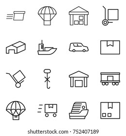 thin line icon set : delivery, parachute, warehouse, cargo stoller, sea shipping, car, package box, trolley, do not hook sign, railroad, fast deliver, cruise ship
