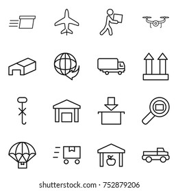 thin line icon set : delivery, plane, courier, drone, warehouse, shipping, cargo top sign, do not hook, package, search, parachute, fast deliver, pickup