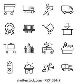 thin line icon set : delivery, truck, courier, medal, shipping, trolley, package, baggage, hotel, transfer, reception, do not distrub, house cleaning, vacuum cleaner, home call