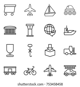 thin line icon set : delivery, plane, boat, lunar rover, airport building, tower, sea shipping, fragile, do not hook sign, package, fork loader, railroad, bike, airplane, car wash