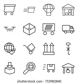 thin line icon set : delivery, parachute, warehouse, drone, box, trolley, cargo top sign, do not hook, package, search, fast deliver