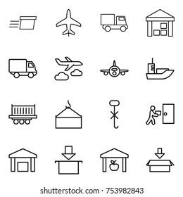 thin line icon set : delivery, plane, truck, warehouse, journey, sea shipping, loading crane, do not hook sign, courier, package