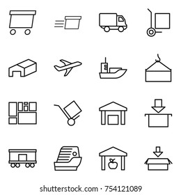 thin line icon set : delivery, cargo stoller, warehouse, plane, sea shipping, loading crane, consolidated, trolley, package, railroad, cruise ship