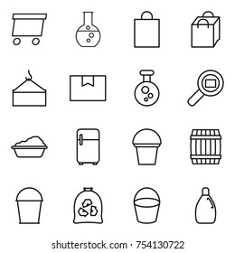 thin line icon set : delivery, round flask, shopping bag, loading crane, package box, chemical, cargo search, washing, fridge, bucket, barrel, garbage, cleanser