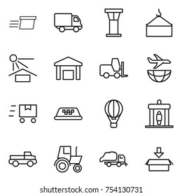 thin line icon set : delivery, airport tower, loading crane, sun potection, warehouse, fork loader, plane shipping, fast deliver, taxi, air ballon, detector, pickup, tractor, trash truck, package