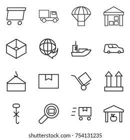 thin line icon set : delivery, truck, parachute, warehouse, box, sea shipping, car, loading crane, package, trolley, cargo top sign, do not hook, search, fast deliver