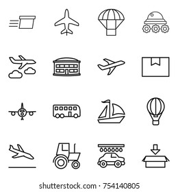 thin line icon set : delivery, plane, parachute, lunar rover, journey, airport building, package box, bus, sail boat, air ballon, arrival, tractor, car wash