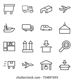 thin line icon set : delivery, truck, warehouse, plane, sea shipping, car, loading crane, consolidated cargo, top sign, package, search, fast deliver