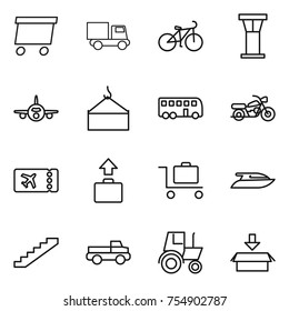 thin line icon set : delivery, truck, bike, airport tower, plane, loading crane, bus, motorcycle, ticket, baggage, trolley, yacht, stairs, pickup, tractor, package