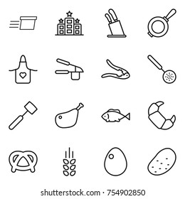 thin line icon set : delivery, hotel, stands for knives, pan, apron, garlic clasp, walnut crack, skimmer, meat hammer, chicken leg, fish, croissant, pretzel, spikelets, egg, potato