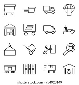 thin line icon set : delivery, truck, parachute, warehouse, sea shipping, loading crane, trolley, courier, cargo search, railroad, pallet, fast deliver