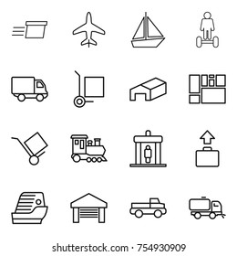 thin line icon set : delivery, plane, boat, hoverboard, cargo stoller, warehouse, consolidated, trolley, train, detector, baggage, cruise ship, garage, pickup, sweeper