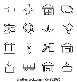 thin line icon set : delivery, plane, warehouse, journey, trolley, cargo top sign, do not hook, courier, package, railroad shipping