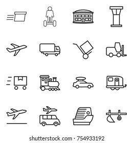thin line icon set : delivery, hoverboard, airport building, tower, plane, shipping, trolley, fork loader, fast deliver, train, car baggage, trailer, departure, transfer, cruise ship, plow