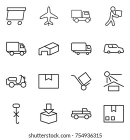 thin line icon set : delivery, plane, truck, courier, warehouse, shipping, car, scooter, package box, trolley, sun potection, do not hook sign, pickup