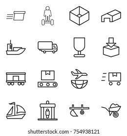 thin line icon set : delivery, hoverboard, box, warehouse, sea shipping, fragile, package, railroad, transporter tape, plane, fast deliver, sail boat, detector, plow, wheelbarrow