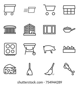 thin line icon set : delivery, cart, market, airport building, office, window, pan, hob, bbq, pig, seedling, cheese, broom, blower