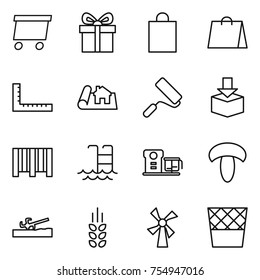 thin line icon set : delivery, gift, shopping bag, ruler, project, repair, package, bar code, pool, food processor, mushroom, soil cutter, spikelets, windmill, trash bin