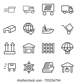 thin line icon set : delivery, truck, warehouse, sea shipping, trolley, cargo top sign, pallet, parachute, fast deliver, handwheel, cruise ship