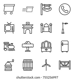 thin line icon set : delivery, shop signboard, phone, tv, arch, minaret, outdoor light, train, restaurant, dresser, fridge, hand mill, barrel, windmill, farm fence