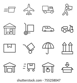thin line icon set : delivery, plane, truck, courier, warehouse, cargo stoller, car shipping, scooter, package box, trolley, dry, top sign, fast deliver