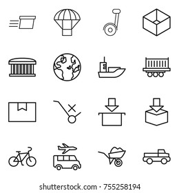 thin line icon set : delivery, parachute, segway, box, airport building, globe, sea shipping, truck, package, do not trolley sign, bike, transfer, wheelbarrow, pickup