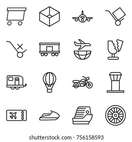 Thin line icon set : delivery, box, plane, trolley, do not sign, railroad shipping, broken, trailer, air ballon, motorcycle, airport tower, ticket, jet ski, cruise ship, wheel
