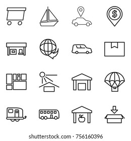 Thin line icon set : delivery, boat, car pointer, dollar pin, gas station, shipping, package box, consolidated cargo, sun potection, warehouse, parachute, trailer, bus