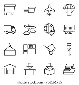 Thin line icon set : delivery, plane, parachute, journey, truck shipping, loading crane, consolidated cargo, trolley, do not hook sign, warehouse, package, cruise ship