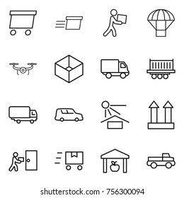 Thin line icon set : delivery, courier, parachute, drone, box, truck shipping, car, sun potection, cargo top sign, fast deliver, warehouse, pickup