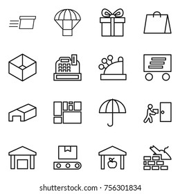 Thin line icon set : delivery, parachute, gift, shopping bag, box, cashbox, warehouse, consolidated cargo, dry, courier, transporter tape, construct garbage