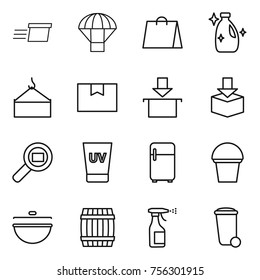 Thin line icon set : delivery, parachute, shopping bag, cleanser, loading crane, package box, cargo search, uv cream, fridge, bucket, cauldron, barrel, sprayer, trash bin