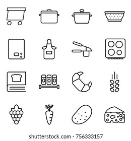 Thin line icon set : delivery, pan, colander, kitchen scales, apron, garlic clasp, hob, cooking book, spices, croissant, spikelets, grape, carrot, potato, cheese