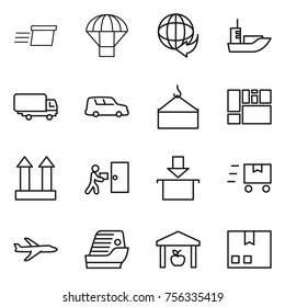 Thin line icon set : delivery, parachute, sea shipping, car, loading crane, consolidated cargo, top sign, courier, package, fast deliver, plane, cruise ship, warehouse