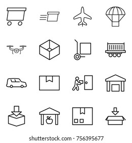 Thin line icon set : delivery, plane, parachute, drone, box, cargo stoller, truck shipping, car, package, courier, warehouse