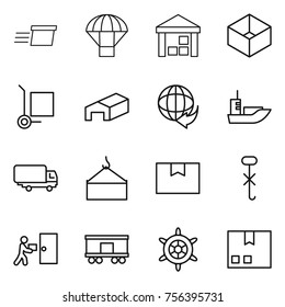Thin line icon set : delivery, parachute, warehouse, box, cargo stoller, sea shipping, loading crane, package, do not hook sign, courier, railroad, handwheel