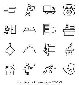 thin line icon set : delivery, courier, phone, taxi, hotel, reception, rag, meal cap, skyscrapers cleaning, vacuum cleaner, house, woman with duster, floor washing