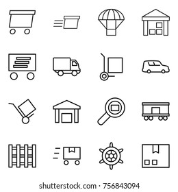 Thin line icon set : delivery, parachute, warehouse, cargo stoller, car shipping, trolley, search, railroad, pallet, fast deliver, handwheel, package