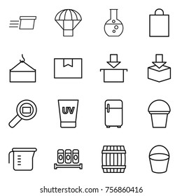 Thin line icon set : delivery, parachute, round flask, shopping bag, loading crane, package box, cargo search, uv cream, fridge, bucket, measuring cup, spices, barrel
