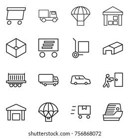 Thin line icon set : delivery, truck, parachute, warehouse, box, cargo stoller, shipping, car, courier, fast deliver, cruise ship