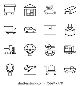 Thin line icon set : delivery, warehouse, eco car, shipping, package box, fork loader, parachute, plane, trailer, air ballon, departure, baggage trolley, pickup