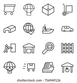 Thin line icon set : delivery, parachute, box, cargo stoller, warehouse, sea shipping, car, courier, search, pallet, fast deliver, cruise ship