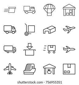 Thin line icon set : delivery, truck, parachute, warehouse, cargo stoller, plane, shipping, package, fast deliver, airplane, cruise ship