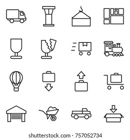 Thin Line Icon Set : Delivery, Airport Tower, Loading Crane, Consolidated Cargo, Fragile, Broken, Fast Deliver, Train, Air Ballon, Baggage Get, Trolley, Garage, Wheelbarrow, Pickup, Package