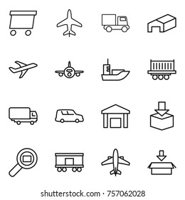 Thin line icon set : delivery, plane, truck, warehouse, sea shipping, car, package, cargo search, railroad, airplane