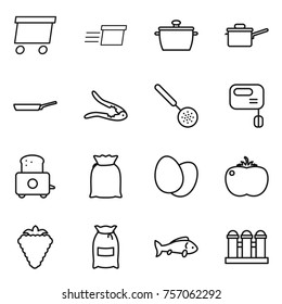 Thin line icon set : delivery, pan, saute, walnut crack, skimmer, mixer, toaster, flour, eggs, tomato, berry, fish, grain elevator